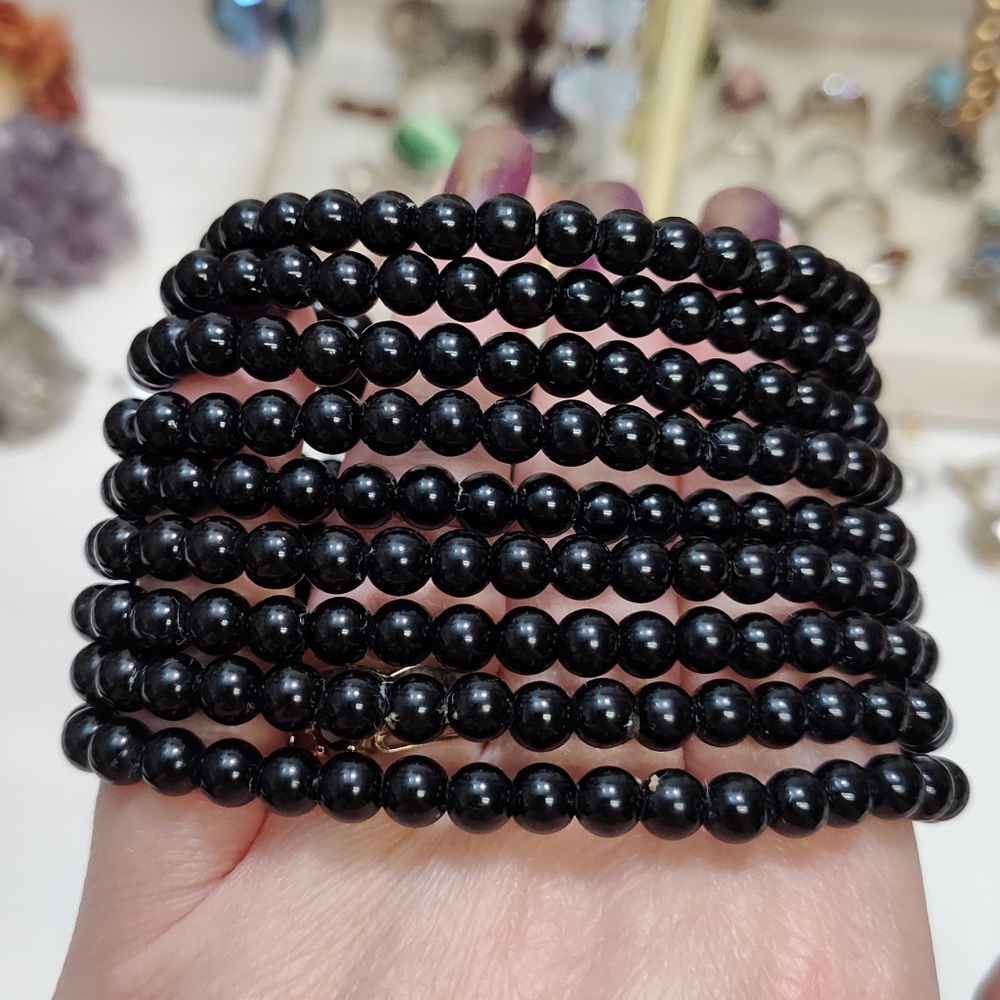 Upcycled Hand Crafted Extra Wide Black Bead Rhinestone Brass Cherub Bracelet - Picture 9 of 13